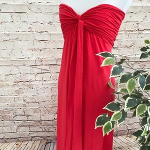 Long red strapless dress with built in bra lining